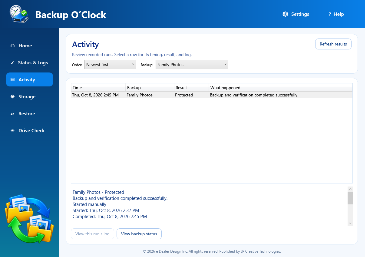 Backup O'Clock Activity page selected with a fictional protected Family Photos run and its details