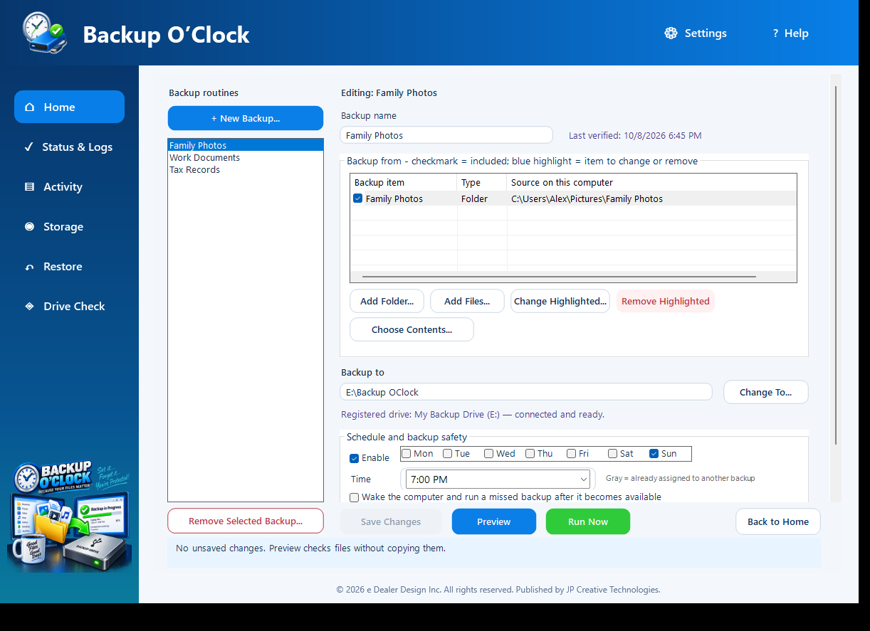 Backup O'Clock editor with Home selected, three fictional backup routines, and the Family Photos schedule controls visible