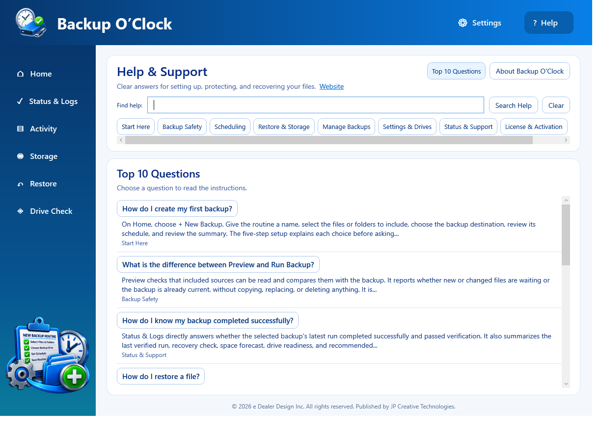 Backup O'Clock Help and Support page with Help selected, the Find help search box, categories, and common questions