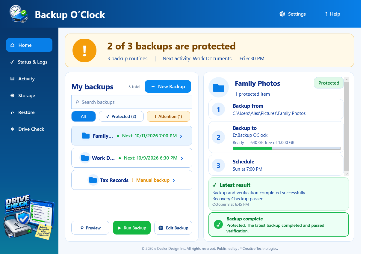 Backup O'Clock Home screen with Family Photos selected and Preview, Run Backup, and verification status visible