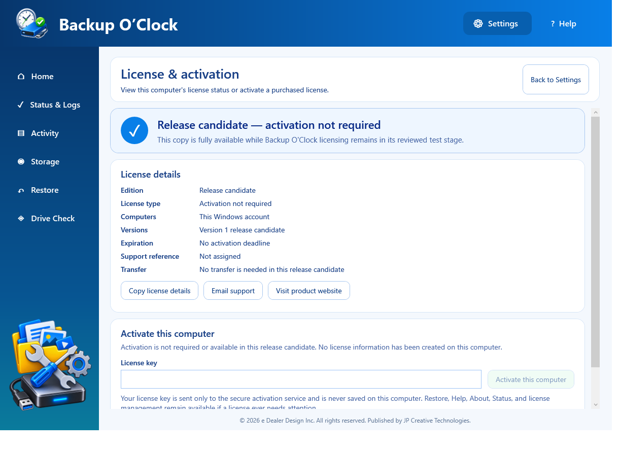 Backup O'Clock License and activation page opened from Settings in the Windows application