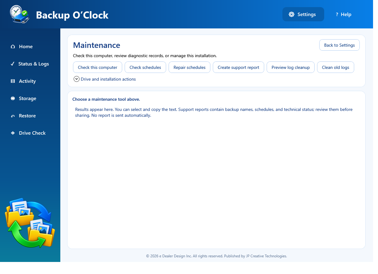 Backup O'Clock Maintenance page with drive and installation actions available below the main maintenance tools