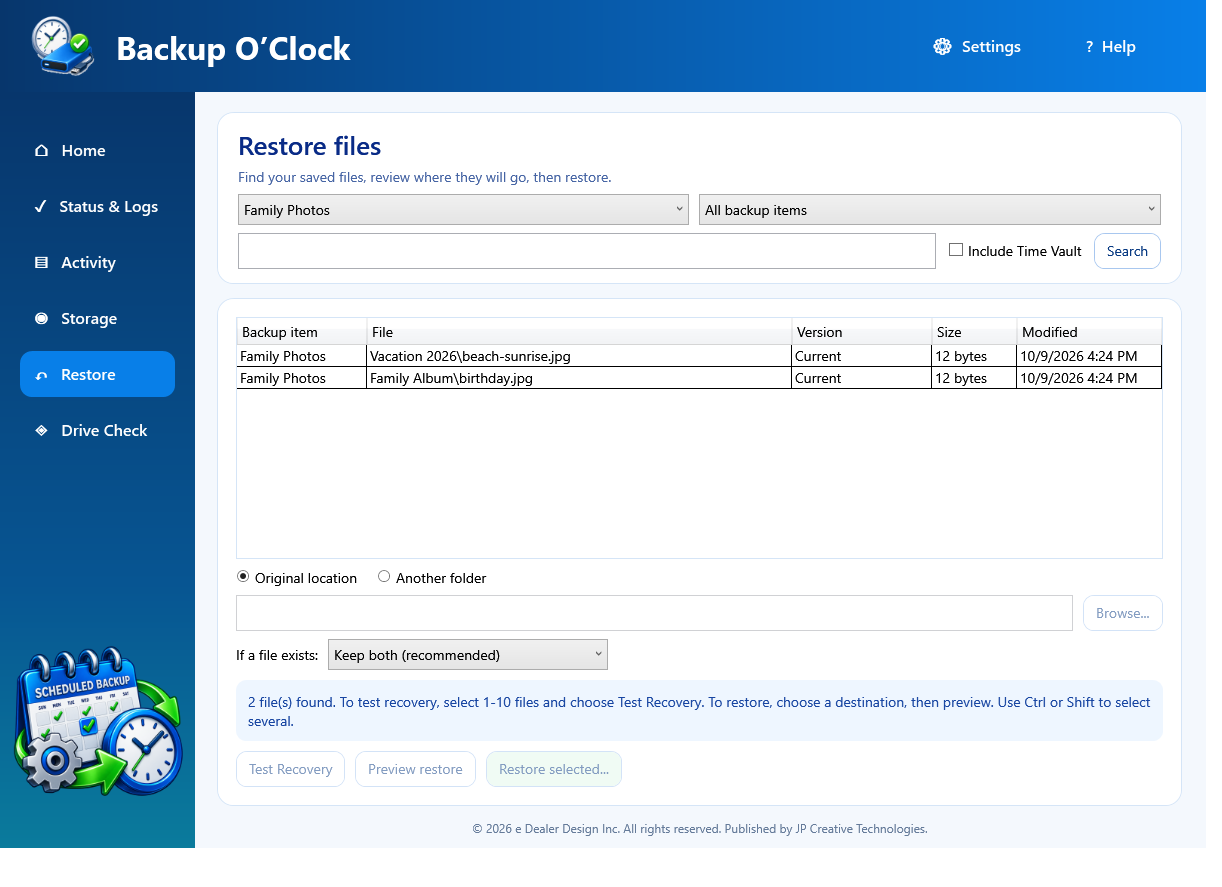 Backup O'Clock Restore page selected with fictional Family Photos backup content available to browse