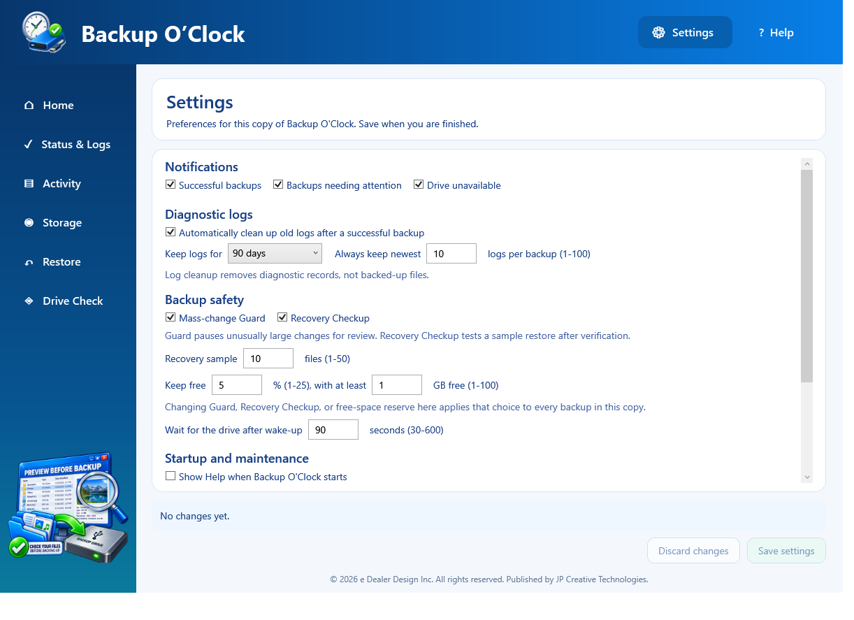 Backup O'Clock Settings page with notifications, diagnostic logs, backup safety, and startup controls visible
