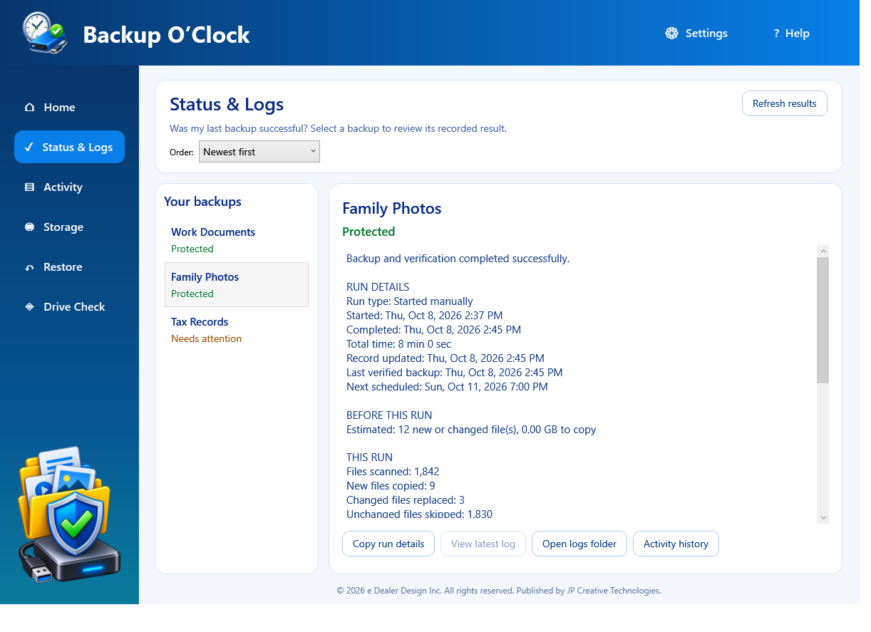 Backup O'Clock Status and Logs page selected with fictional run details and the latest log controls visible