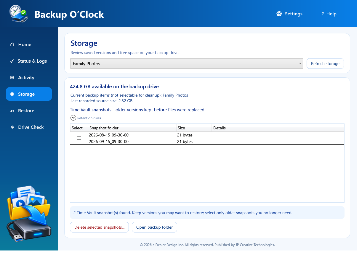 Backup O'Clock Storage page selected with two fictional Time Vault snapshots for Family Photos