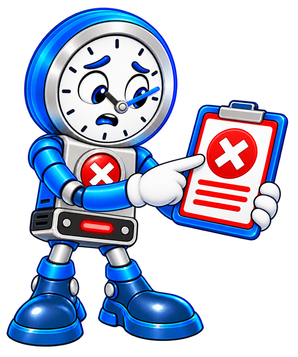 Concerned Backup O'Clock mascot beside a failed backup symbol