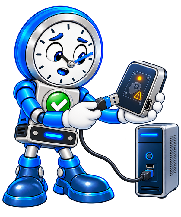 Backup O'Clock mascot pointing to a backup that needs attention