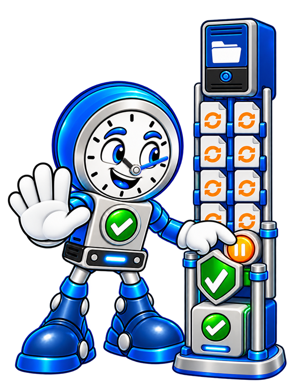 Backup O'Clock mascot standing behind a safety barrier to pause unusual file changes