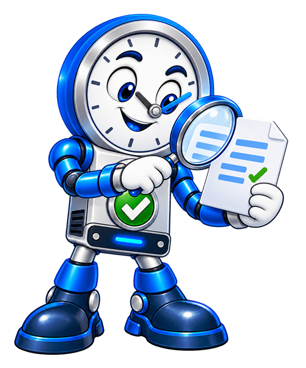 Backup O'Clock mascot reviewing a backup preview