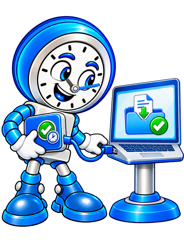 Backup O'Clock mascot connecting a backup drive to another Windows computer for file recovery