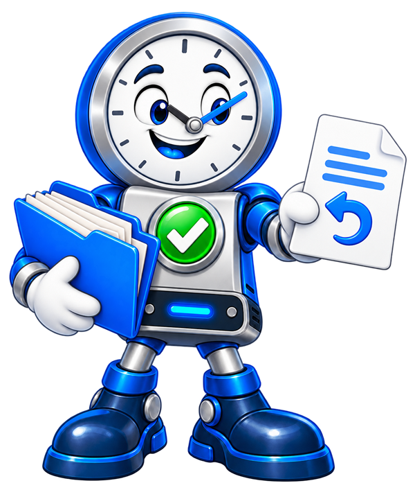 Backup O'Clock mascot holding a file being prepared for a safe restore