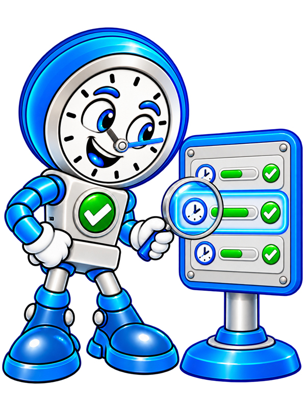Backup O'Clock mascot inspecting a list of completed backup runs