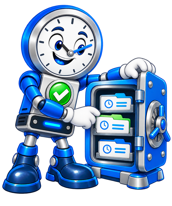 Backup O'Clock mascot showing earlier file copies stored in Time Vault